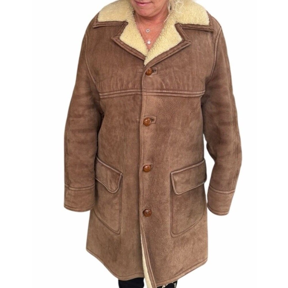 VTG Antartex Scotland 100% Shearling  Leather Rancher Mountain Coat Lambskin Tan